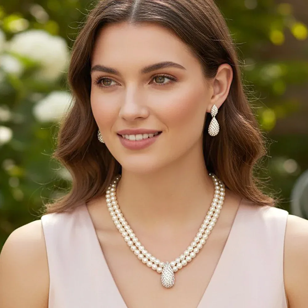 Teardrop Charm Accent Double Strand Pearl Necklace by FASHNZFAB