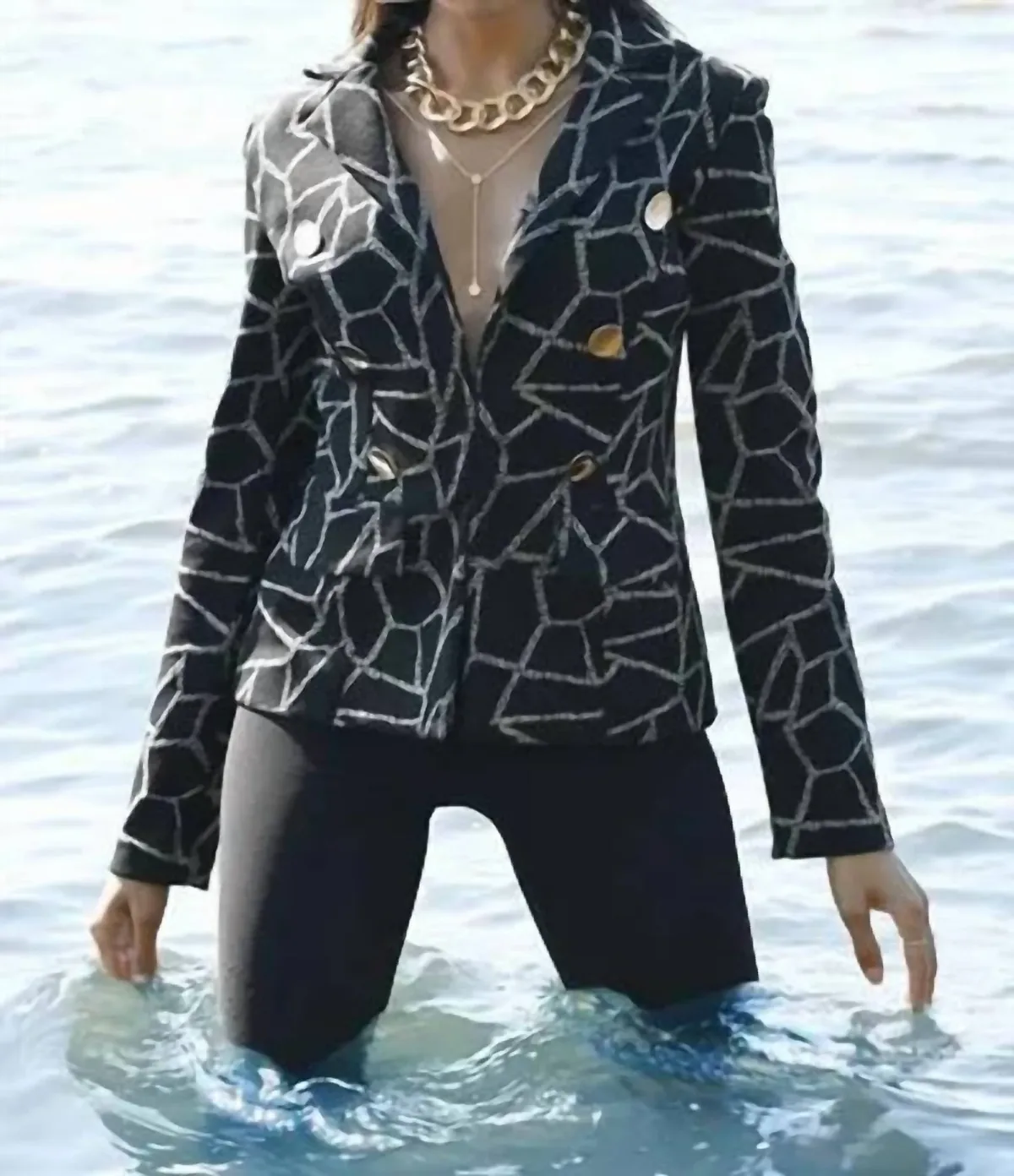 Blakely Stretch Jacket with Abstract Threading in Black and Metallic by Frank Lyman