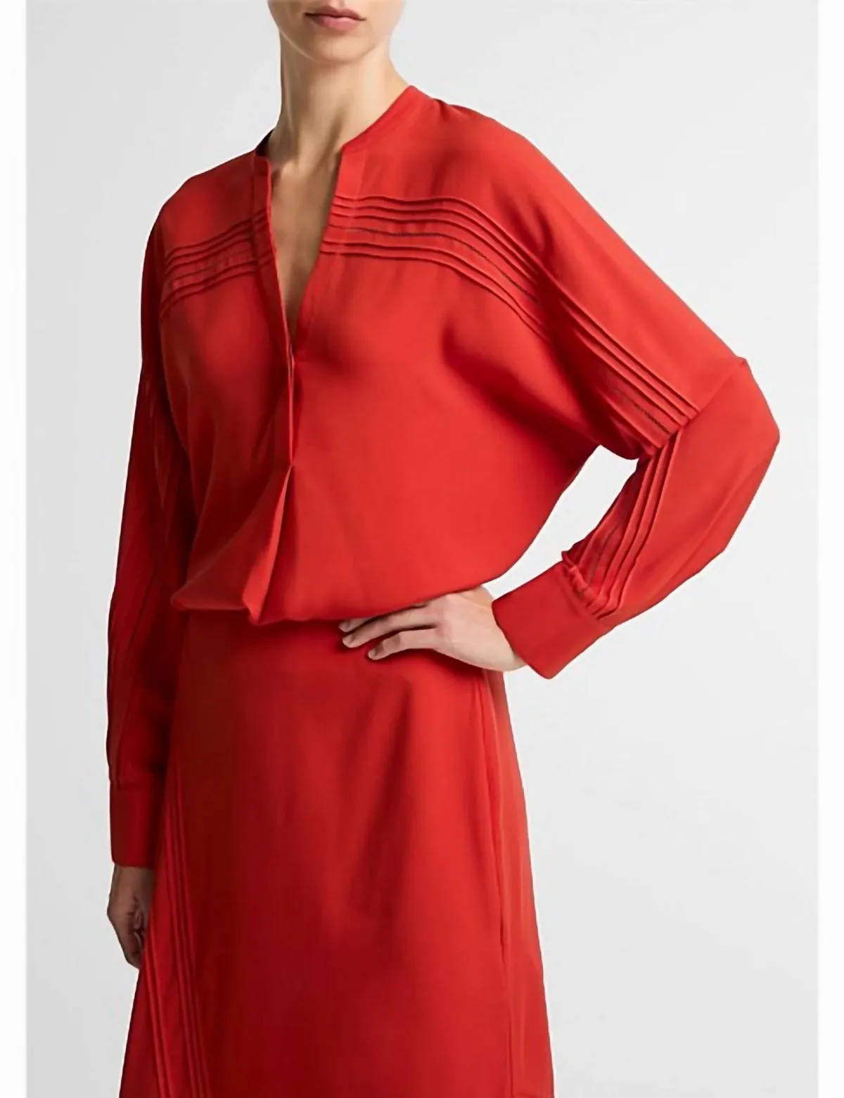 Pintuck Half Placket Blouse in Poppy by Vince