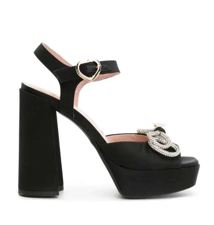 Satin Rhinestone Bow Block Heel Sandals