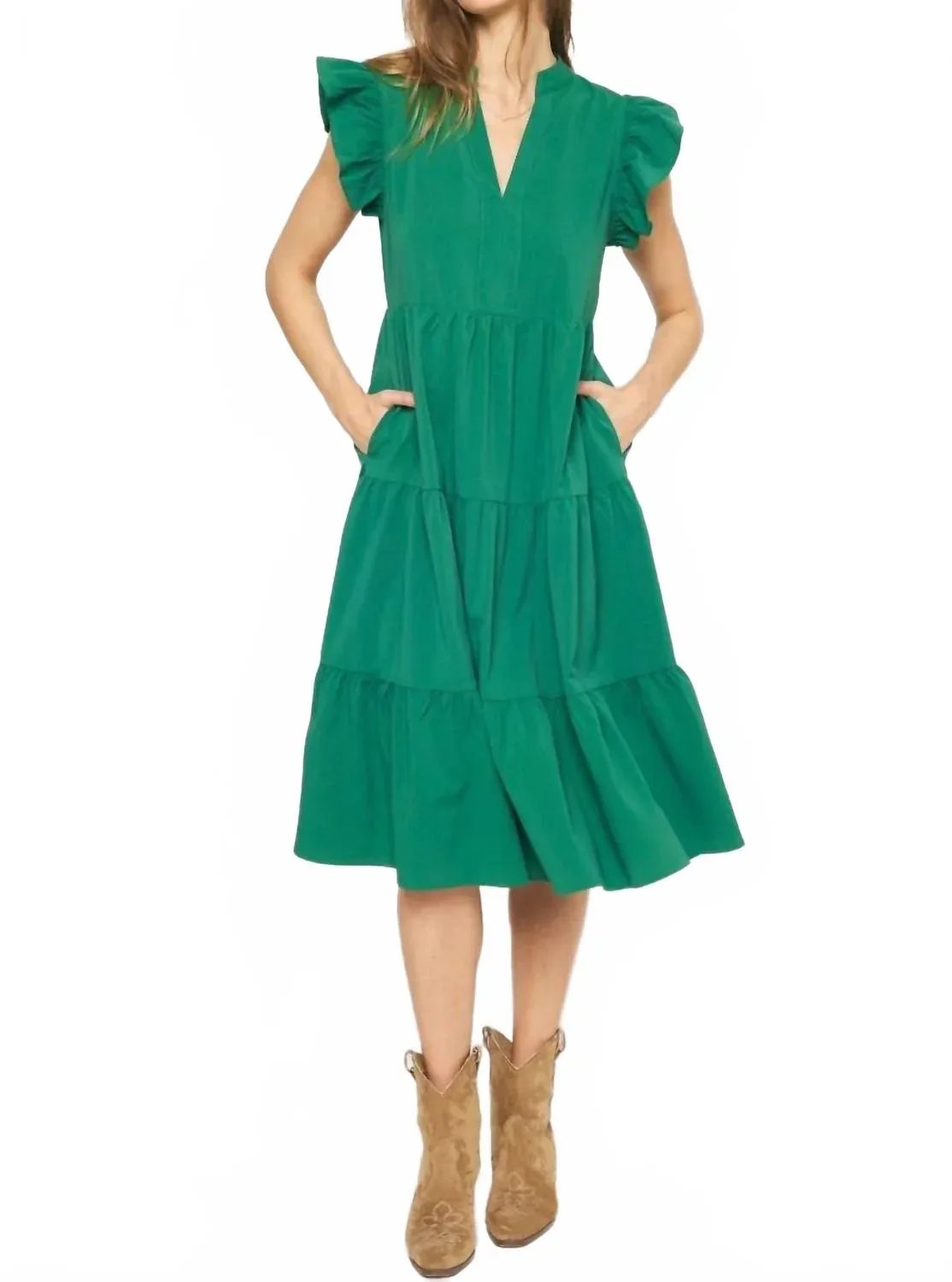 Ruffled Pocket Tiered Midi Dress by entro