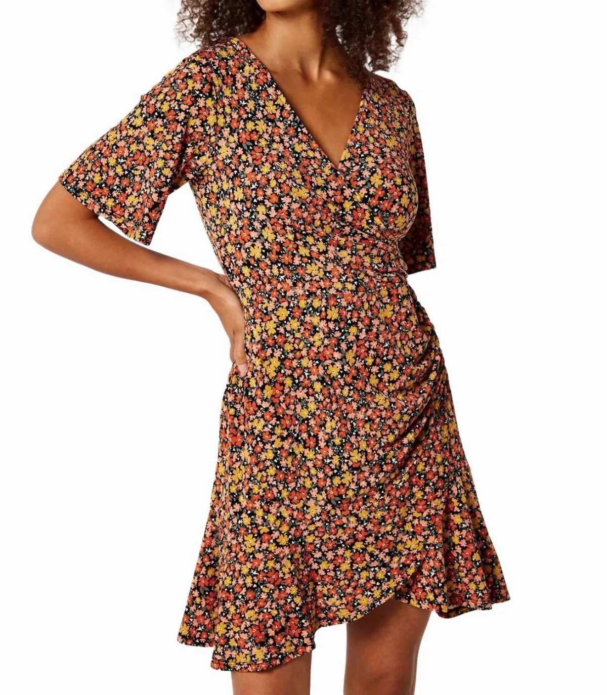 Side Ruch Graphic Ditsy Wrap Dress in Mustard by APRICOT