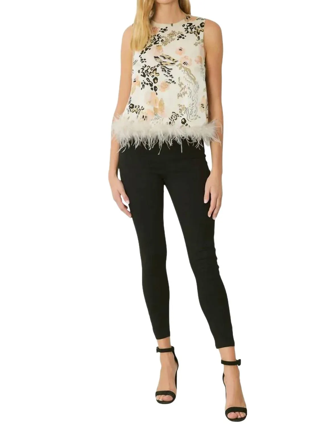 Abstract Tank Top with Feather Trim by entro
