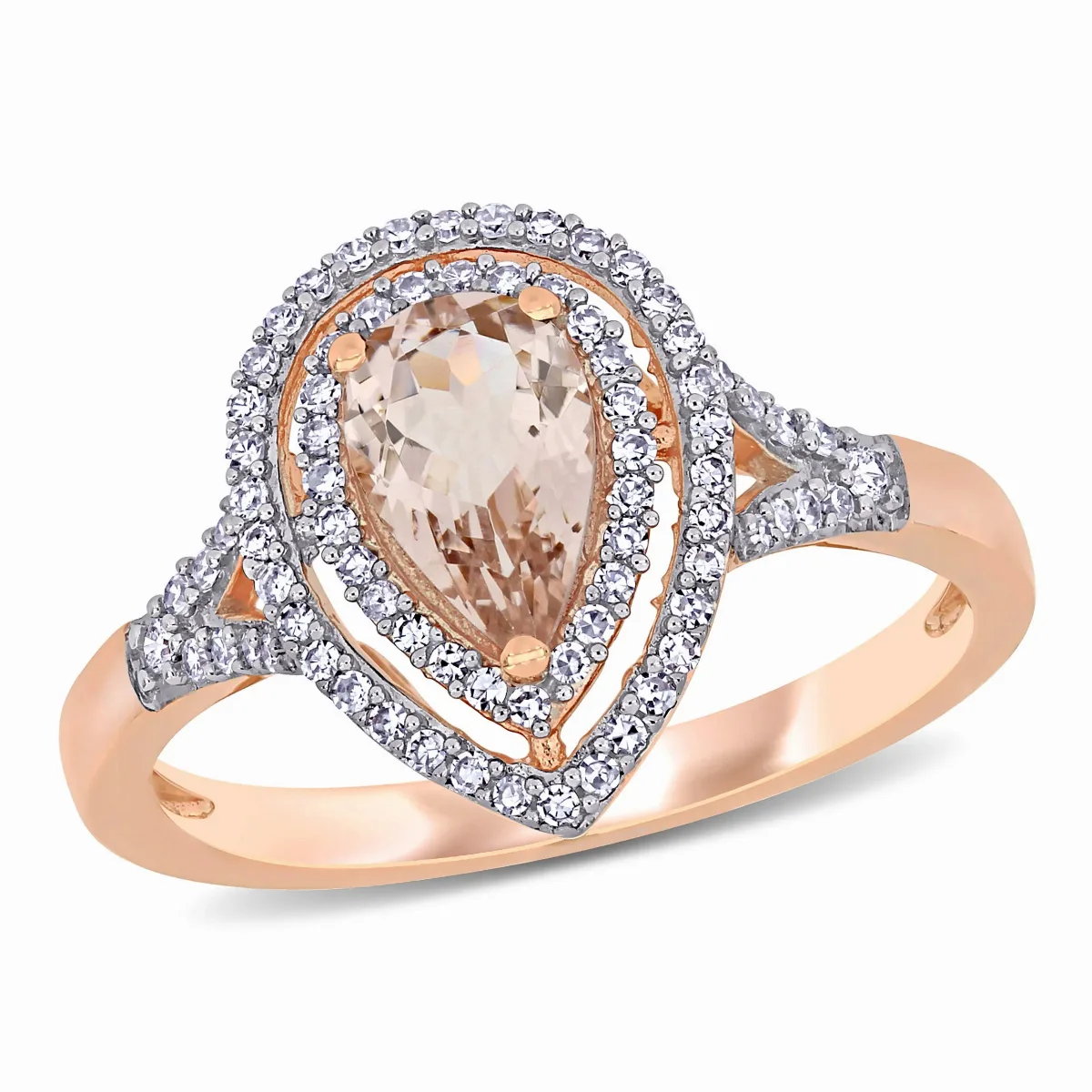 5/8ct TGW Pear-Cut Morganite and 1/4ct tw Diamond Double Halo Ring in 14k Rose Gold by Mimi & Max