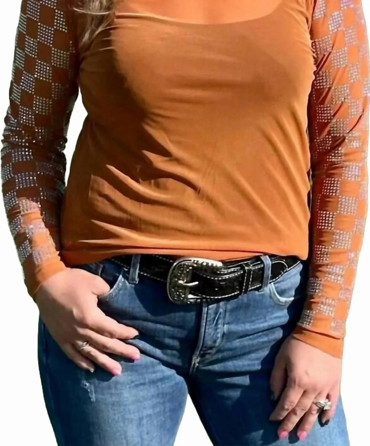 Rhinestone Checkered Mesh Top by Sterling Kreek