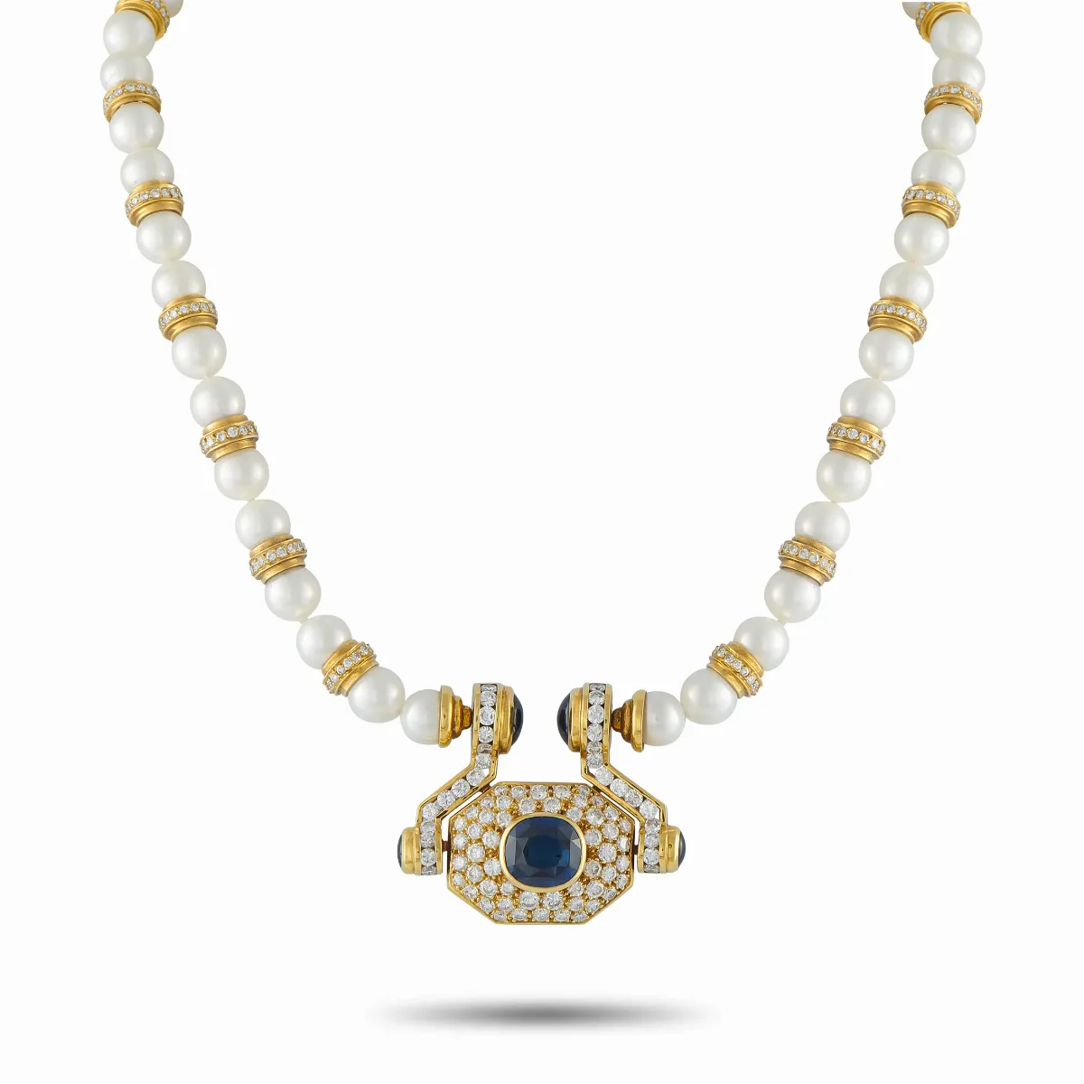 18K Yellow Gold 7.0ct Diamond and Sapphire Statement Necklace by LB Exclusive