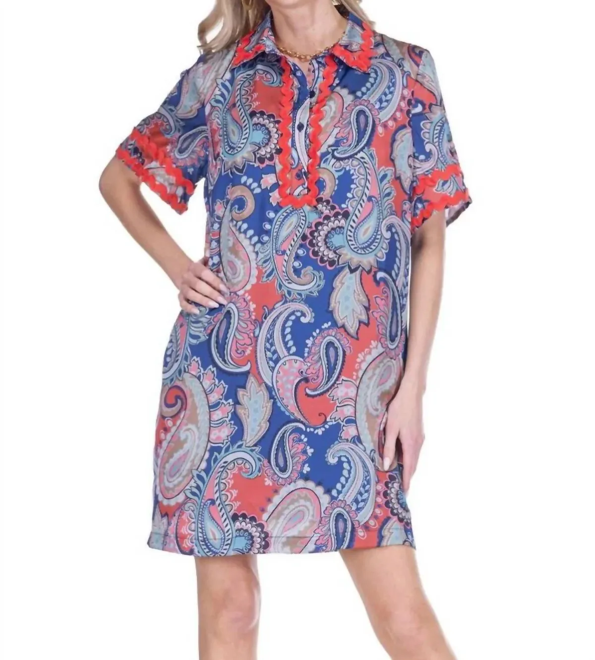 Ric Rac Trim Mini Dress in Americana Paisley by Joy Joy