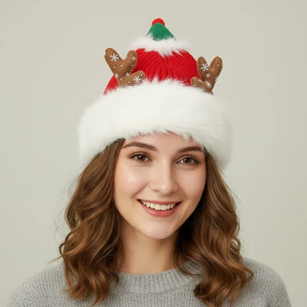 Fuzzy Fur Antlers Accent Christmas Knit Beanie Hat by FASHNZFAB