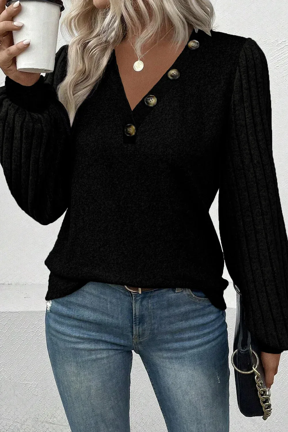 Buttoned V Neck Ribbed Puff Sleeve Top by TRUEDAMES