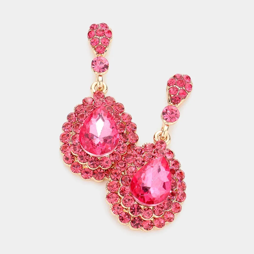 Crystal Rhinestone Trim Glass Teardrop Stone Evening Earrings by FASHNZFAB