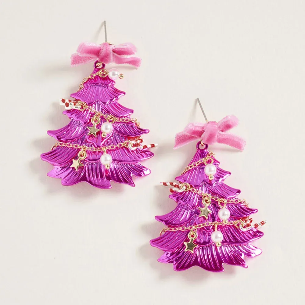 Festive Bow Accent Christmas Tree Drop Dangle Earrings by FASHNZFAB