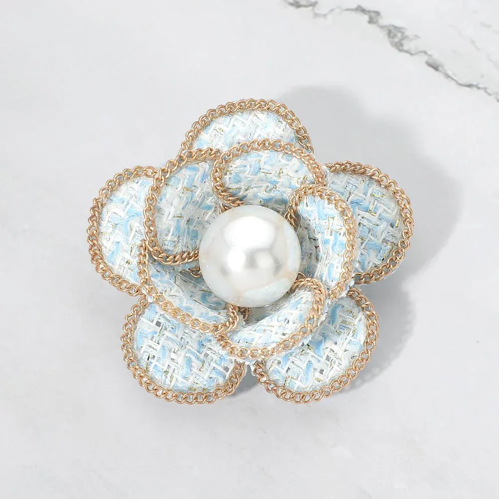 Pearl Accent Chain Rim Tweed Floral Pin Brooch Hair Clip by FASHNZFAB
