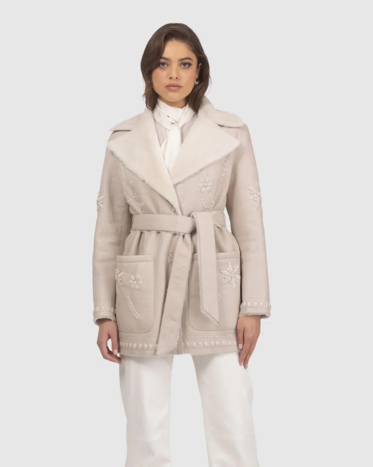Merino Shearling Lamb Jacket with Embroidery, Belt by Gorski