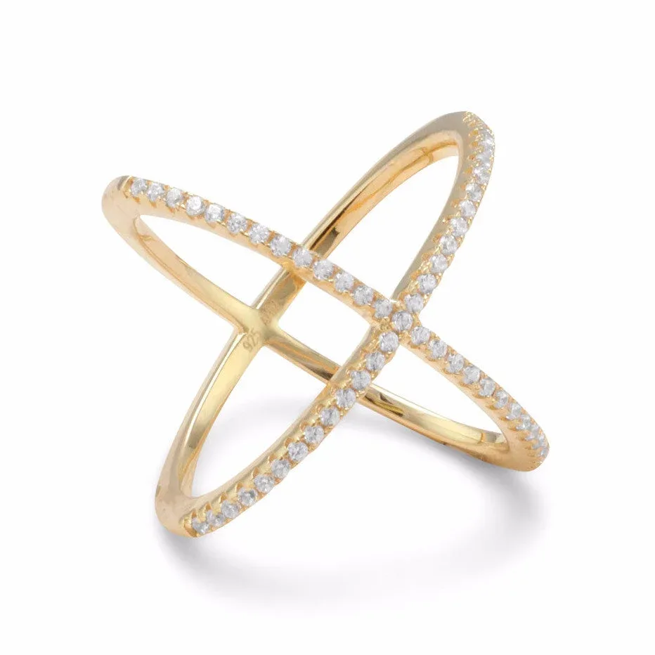 18 Karat Gold Plated Criss Cross x Ring with Signity CZs by FASHNZFAB