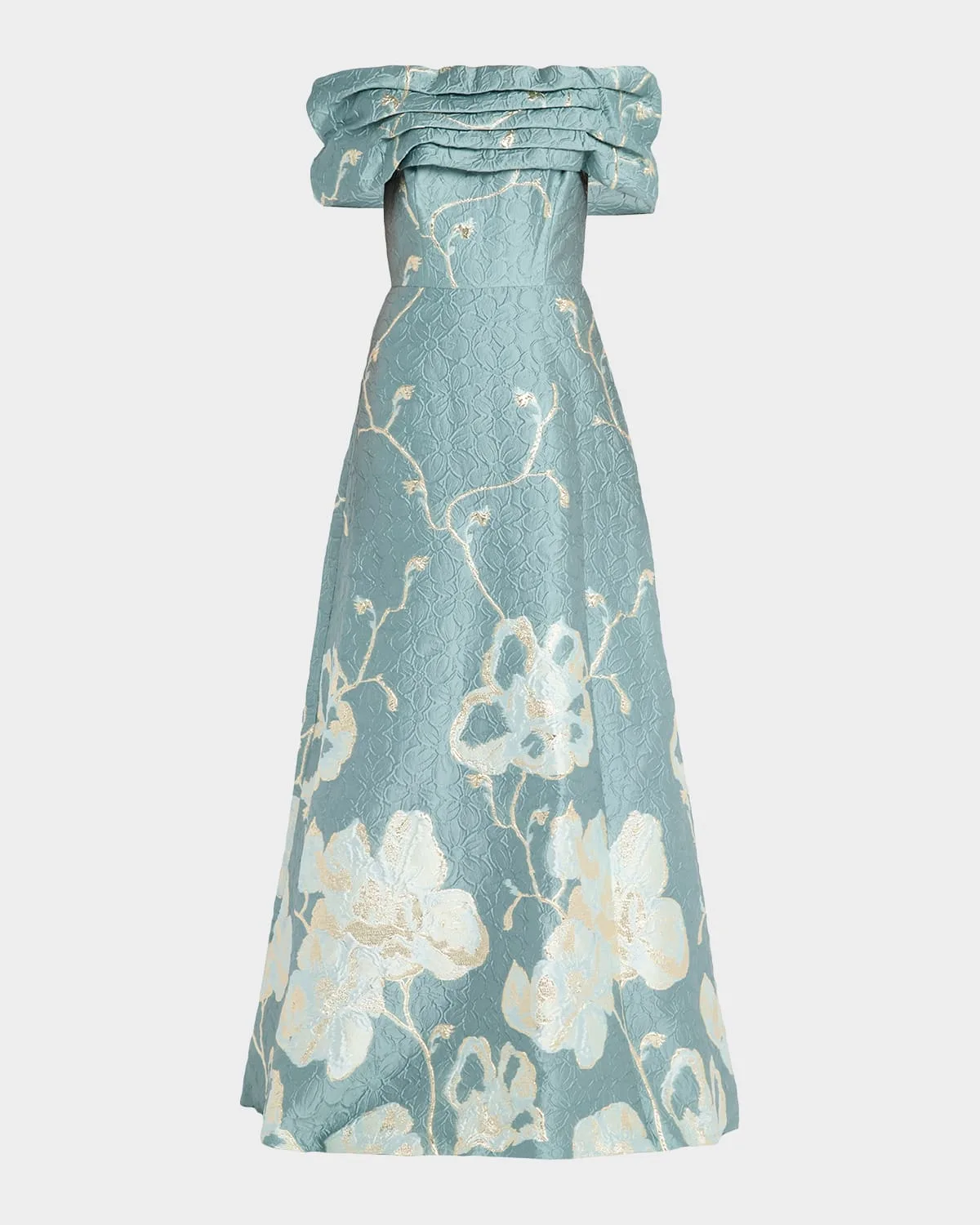 Off-Shoulder Metallic Jacquard Gown by Rickie Freeman for Teri Jon
