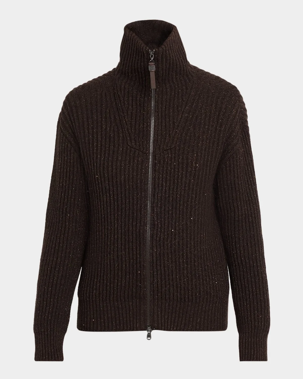 Shimmering Cashmere-Wool Rib Zip Cardigan by Brunello Cucinelli