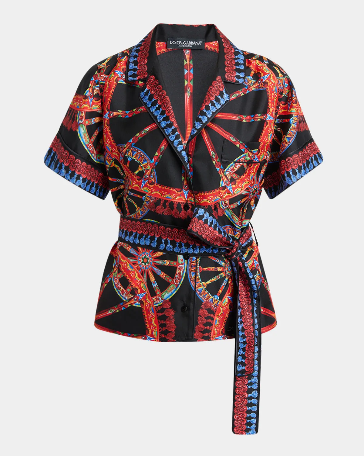 Short-Sleeve Carretto-Print Silk Twill Belted Pajama Shirt by Dolce & Gabbana