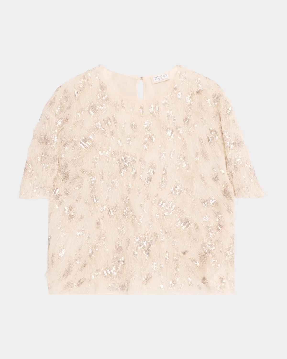 Animalier Sequined Fringe Silk Short-Sleeve Top by Brunello Cucinelli