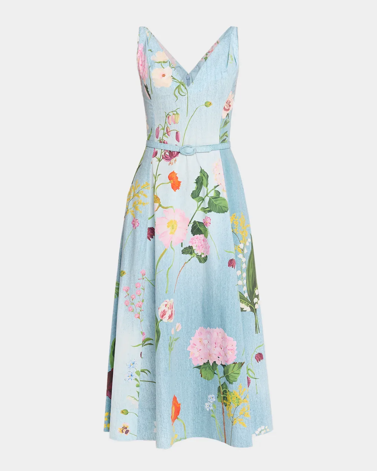 Sleeveless V-Neck Mixed Botanical Midi Day Dress