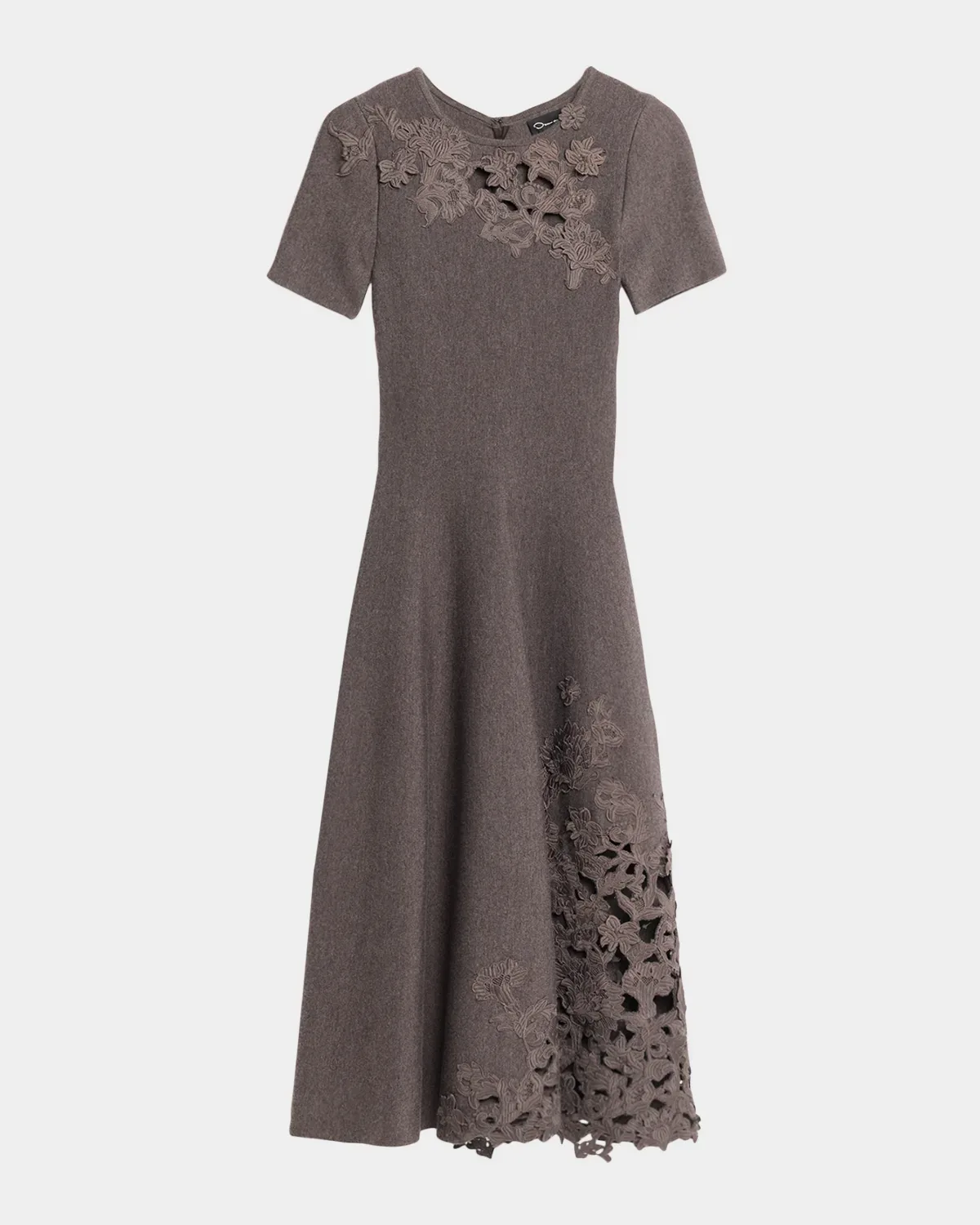 Short-Sleeve Lace-Inset Wool Knit Midi Dress by Oscar de la Renta