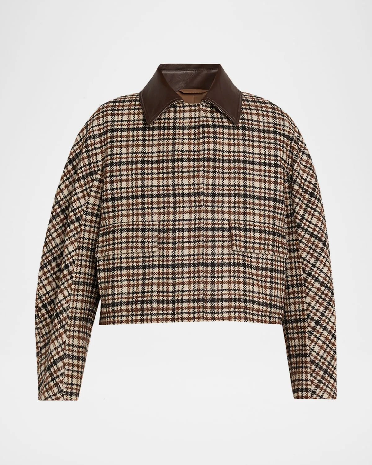 Leather-Collar Check Boxy Car Coat by Brunello Cucinelli
