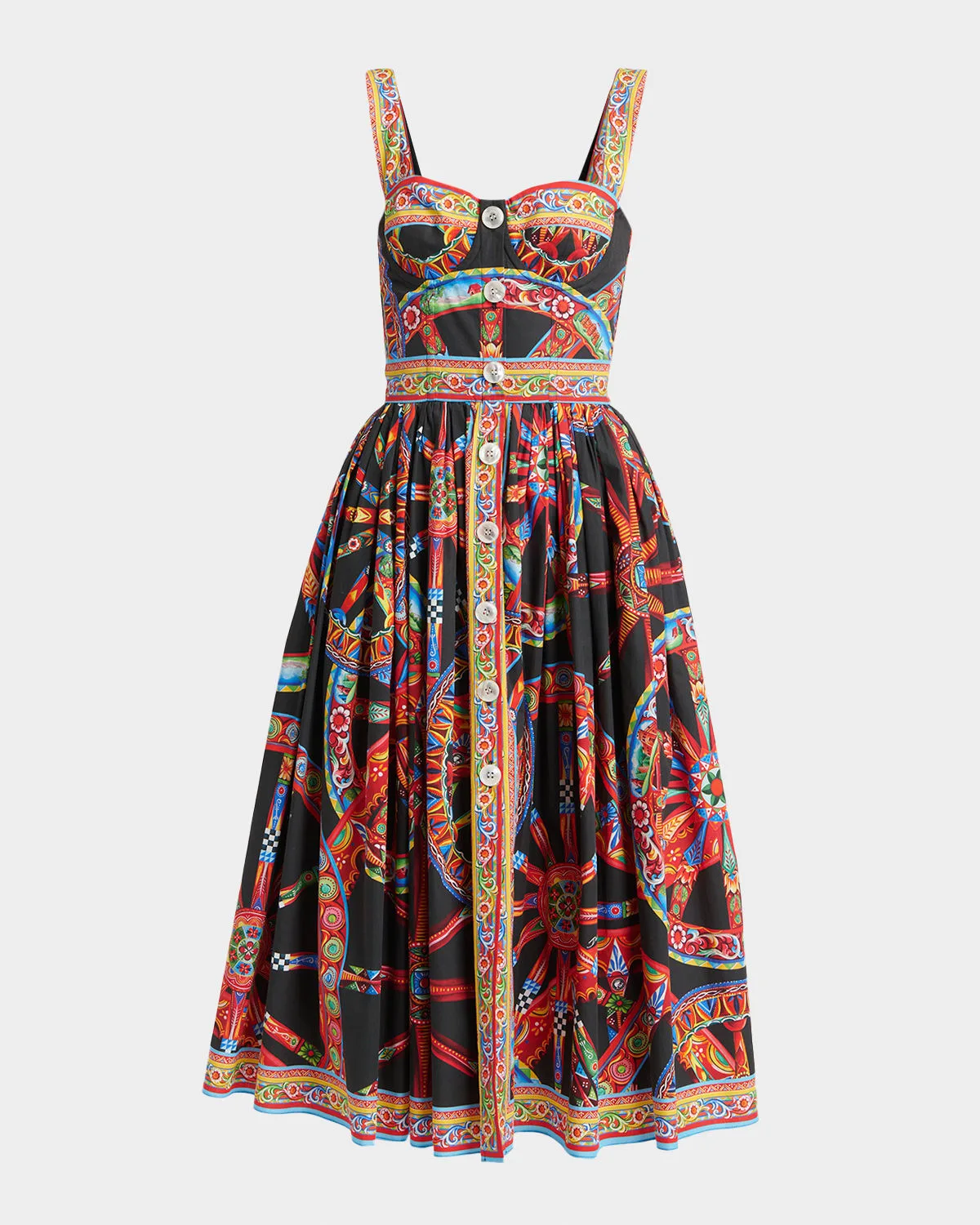 Sleeveless Carretto-Print Poplin Button-Front Midi Bustier Dress by Dolce & Gabbana