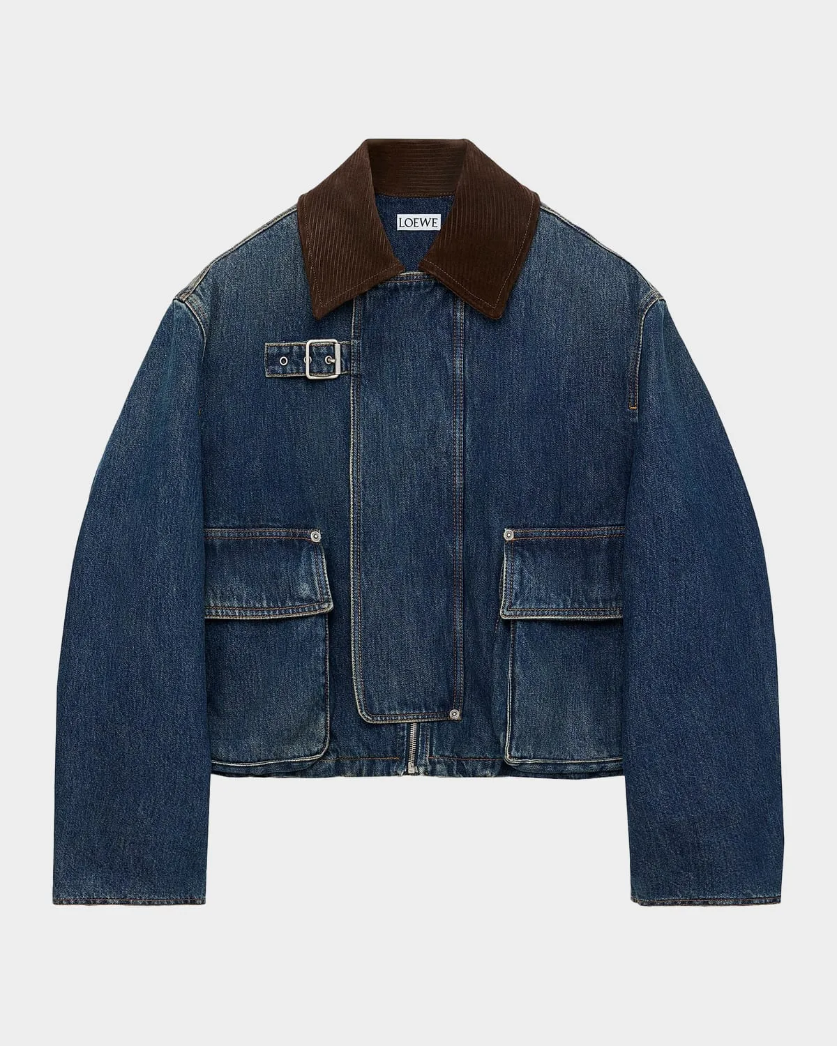 Corduroy-Collar Denim Short Parka Jacket by Loewe