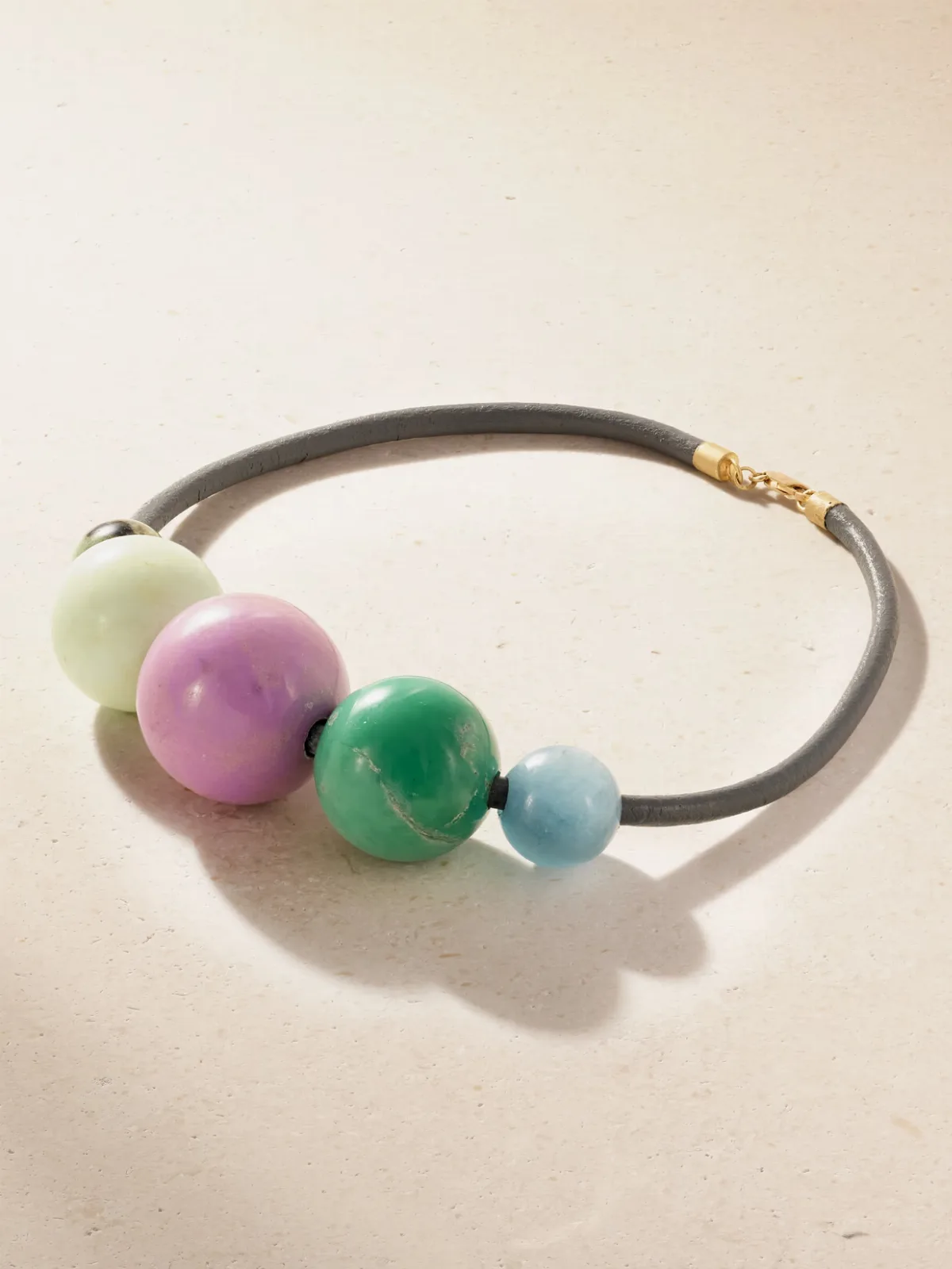 18-Karat Gold, Emerald, Chrysoprase, Phosphosiderite, Aquamarine and Leather Necklace by Marisa Klass