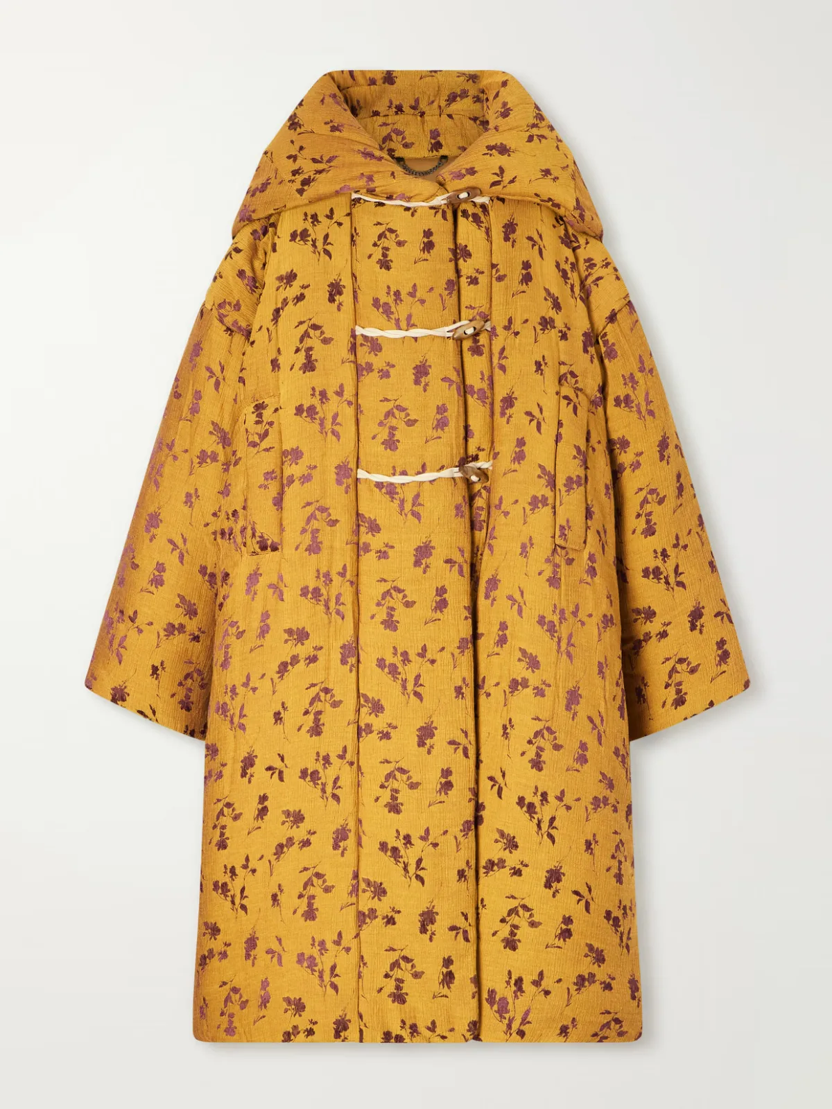 Hooded Padded Floral-Jacquard Long Jacket by Dries Van Noten