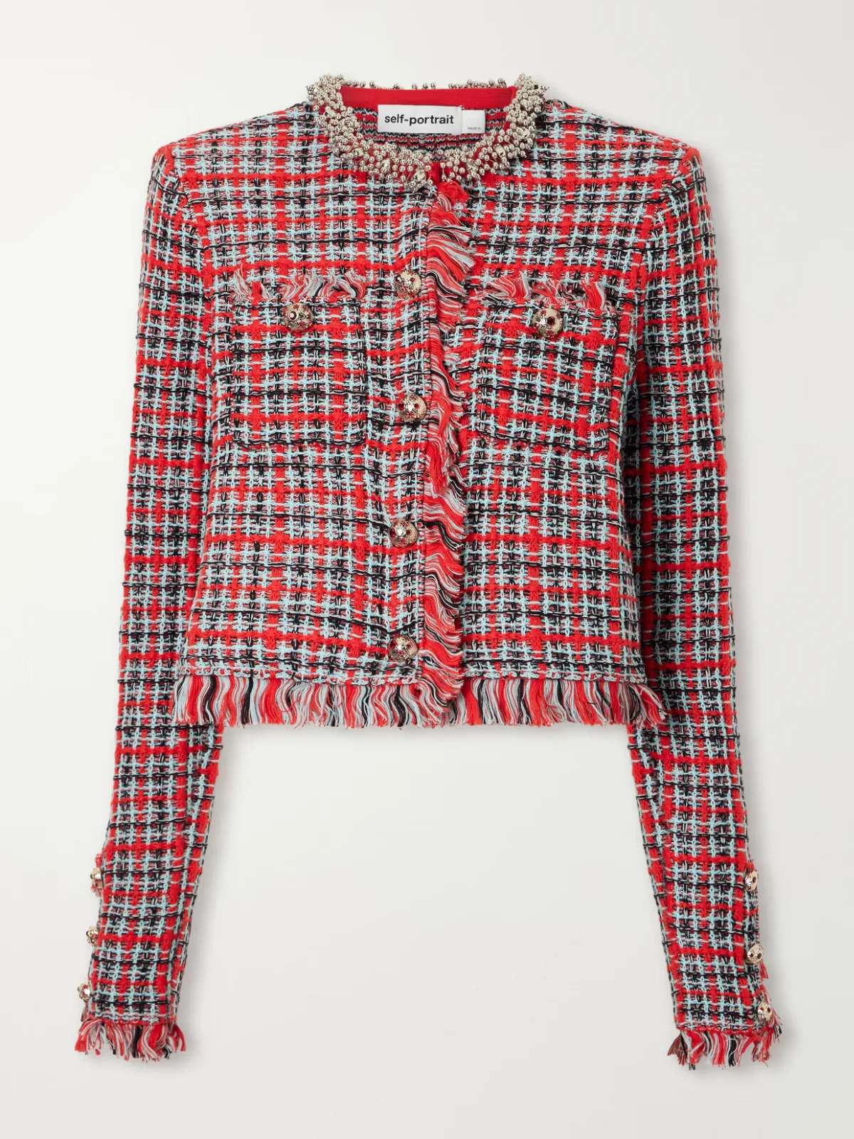 Embellished Cotton and Wool-Blend Bouclé-Knit Frayed Jacket by Self-Portrait