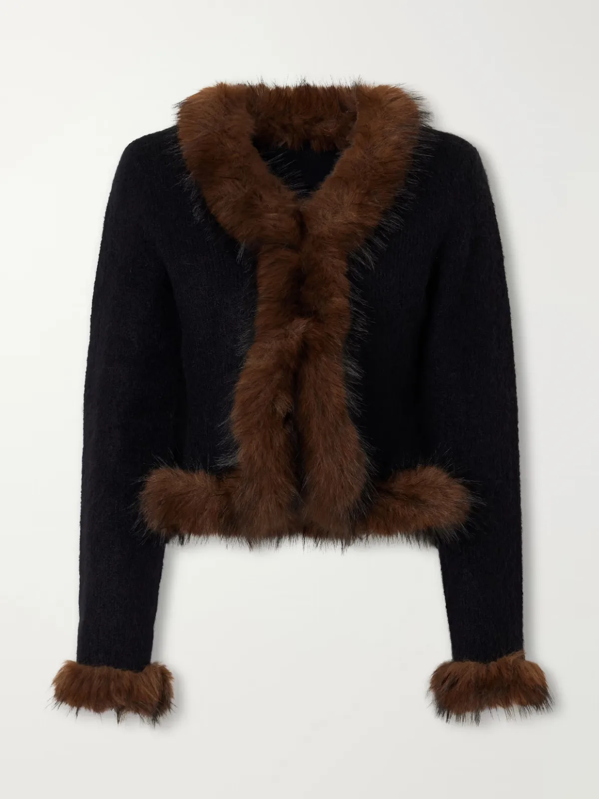 Plush-Trimmed Knitted Cardigan