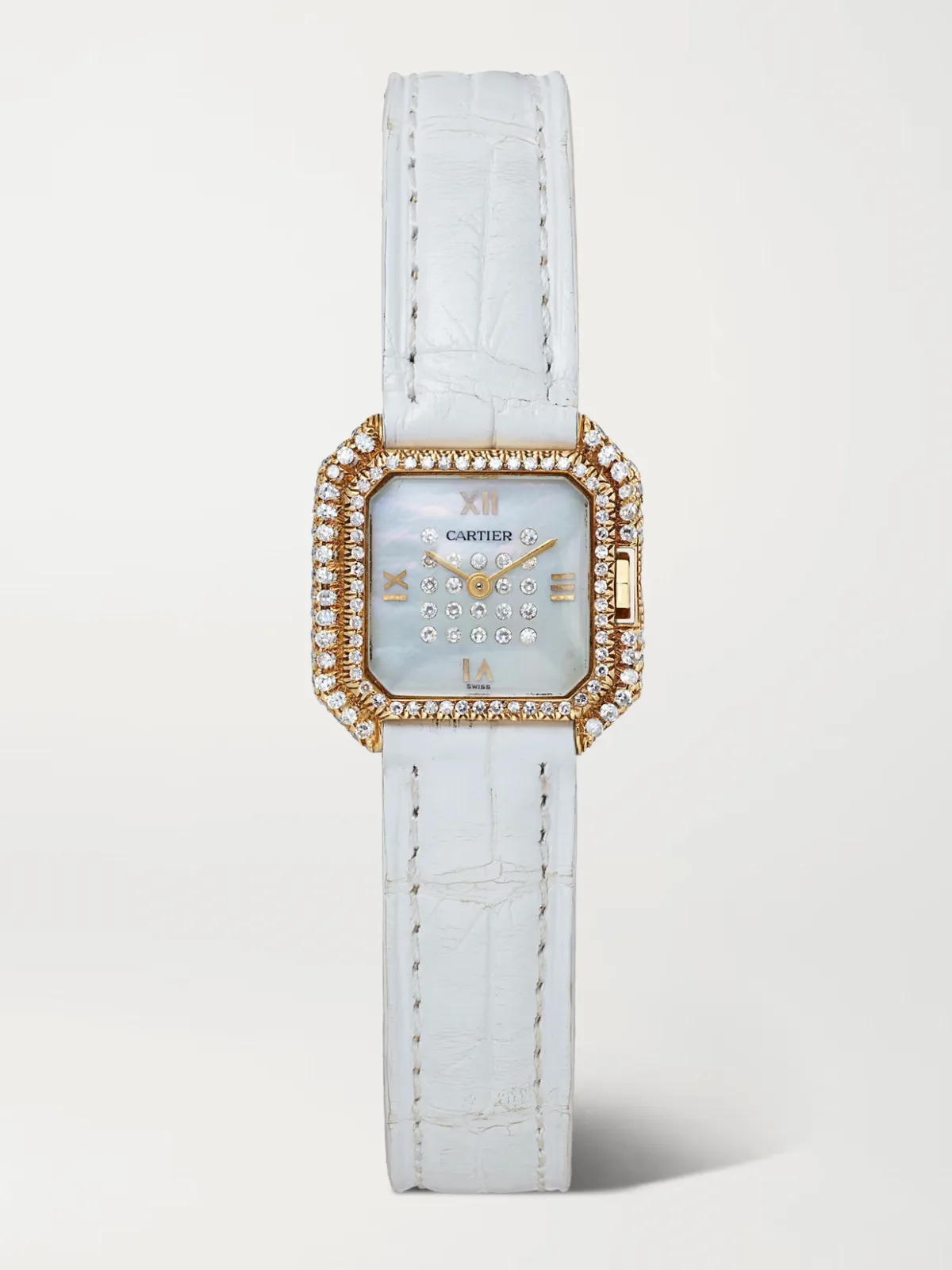 Stephanie Windsor + Cartier Vintage 1980s Mini Ceinture 20mm 18-Karat Gold, Diamond, Mother-Of-Pearl and Leather Watch by Stephanie Windsor