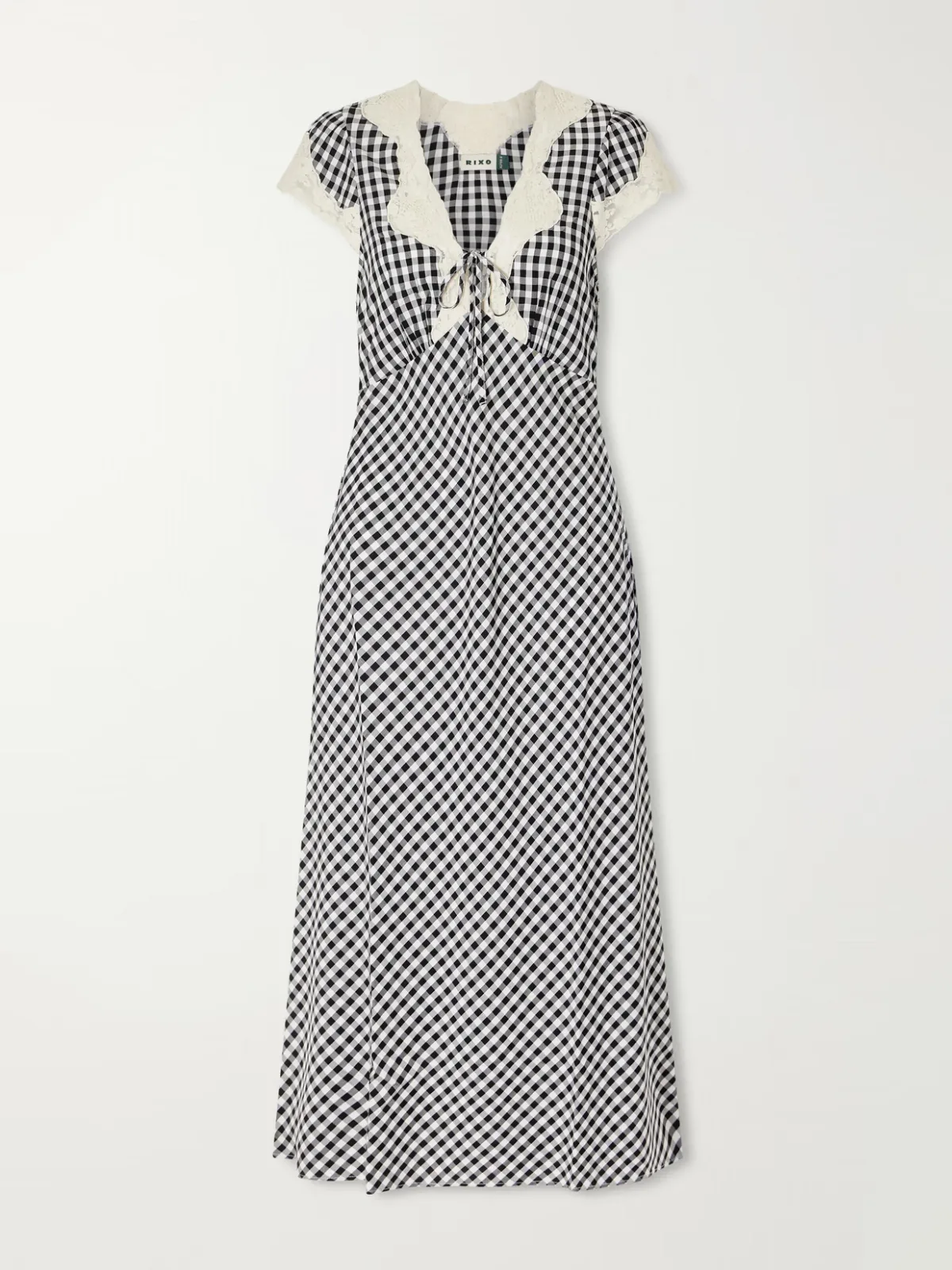 Amari Bow-Detailed Lace-Trimmed Checked Woven Midi Dress by RIXO