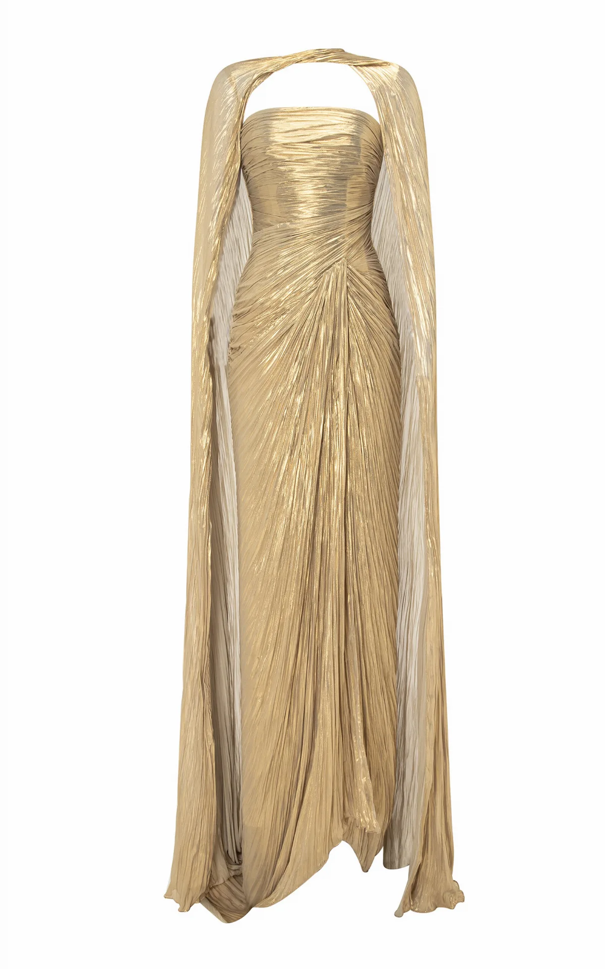 Cape-Detailed Pleated Lamé Gown