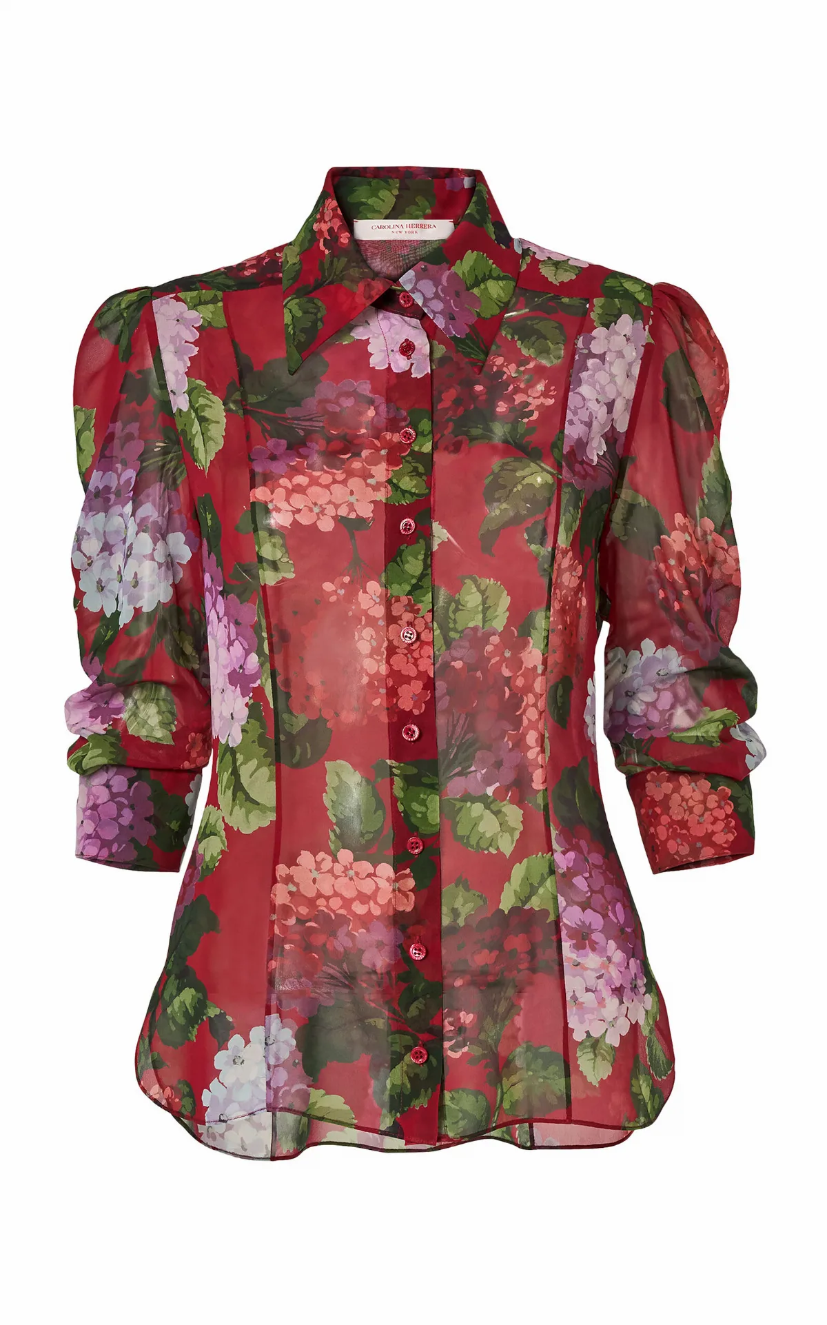 Collared Hydrangea-Printed Chiffon Top by Carolina Herrera