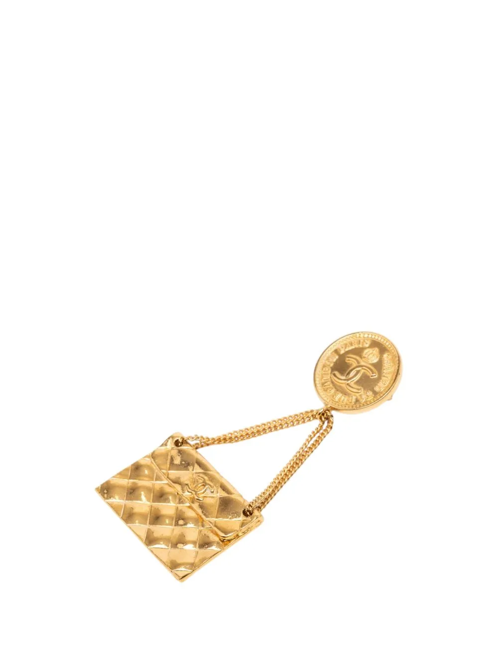 1980-1990 CC Gold Plated Quilted Flap Bag Medallion Brooch Costume Brooch by CHANEL Pre-Owned