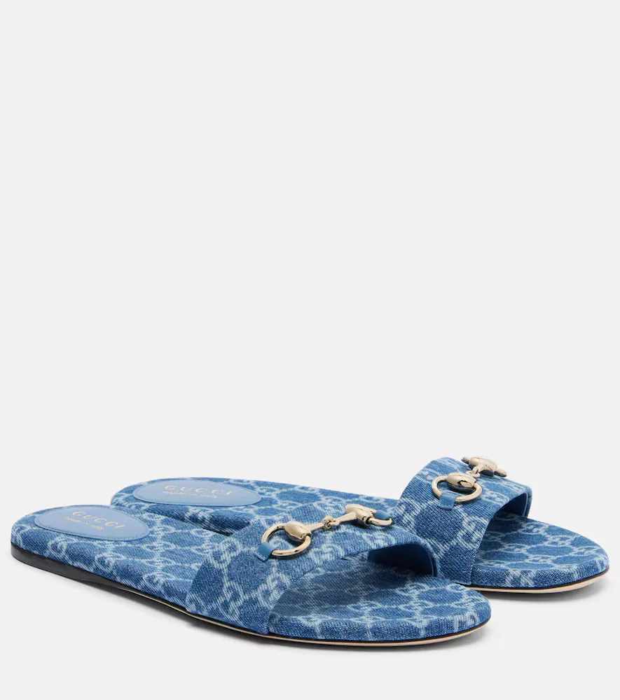Horsebit GG Denim Slides by Gucci