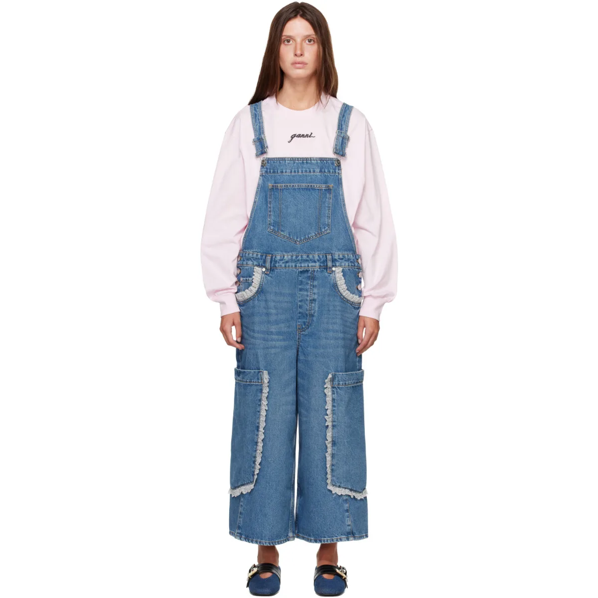 Cropped Lace Rigid Denim Overalls by GANNI