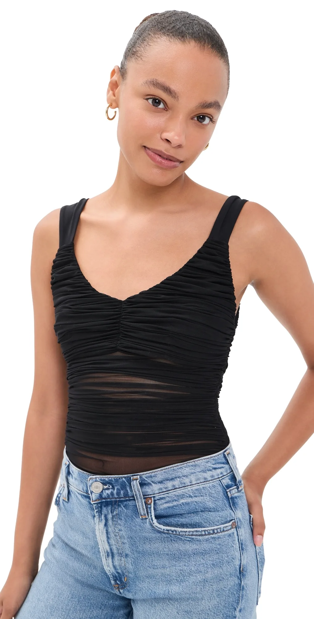 Renee Sheer Soft Ruched Tank Thong Bodysuit by ALICE + OLIVIA