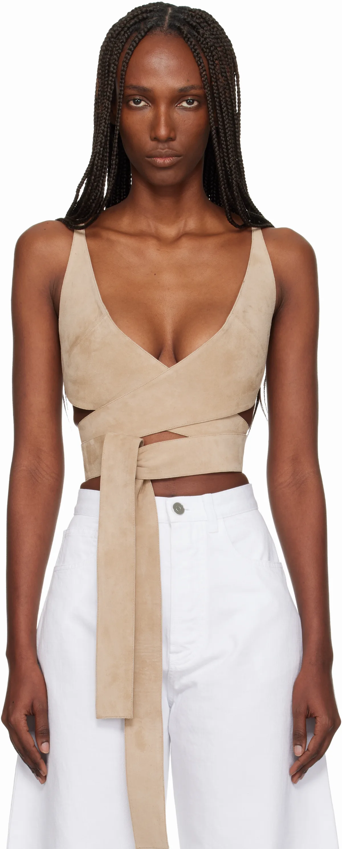 Beige Criss Cross Suede Top