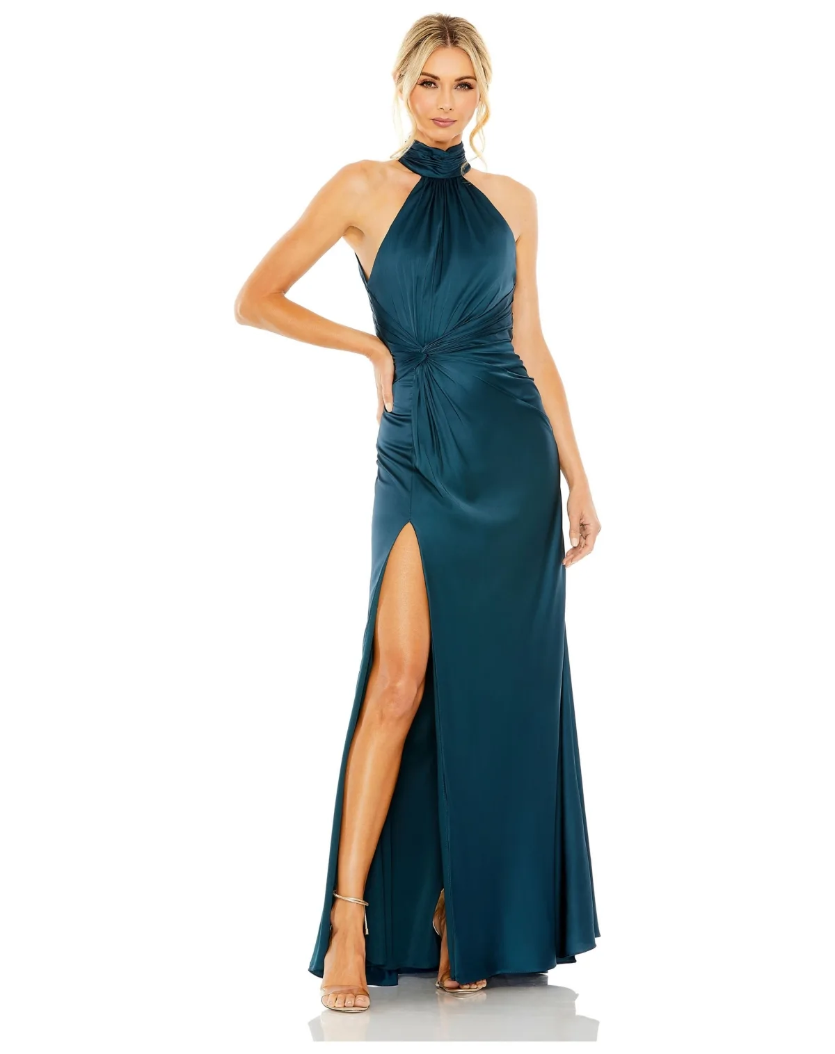 Open Back High Neck Side Ruched Gown by Mac Duggal