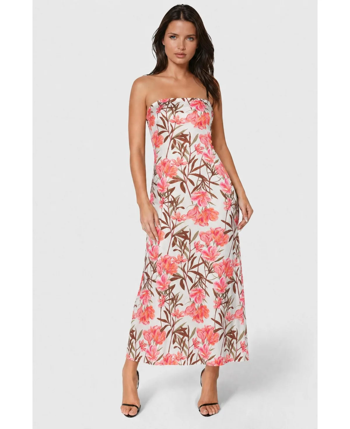 Printed Satin Strapless Maxi Dress by Bebe