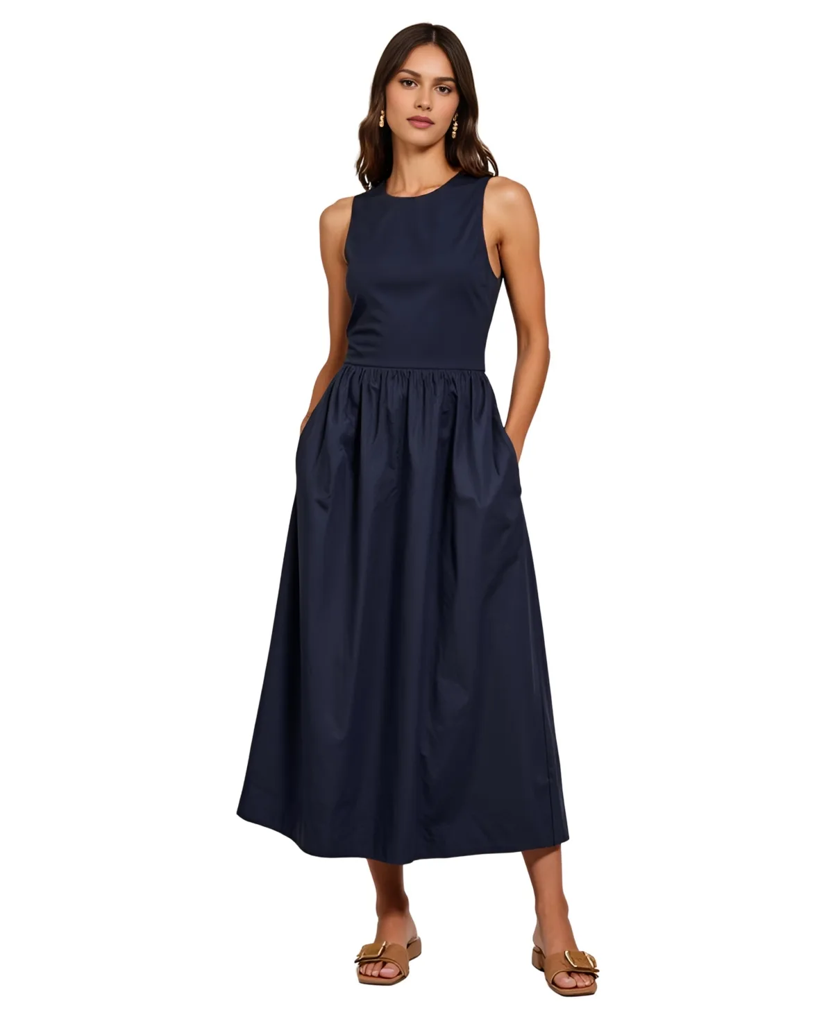 Sleeveless Crewneck Gathered Waist Midi Dress