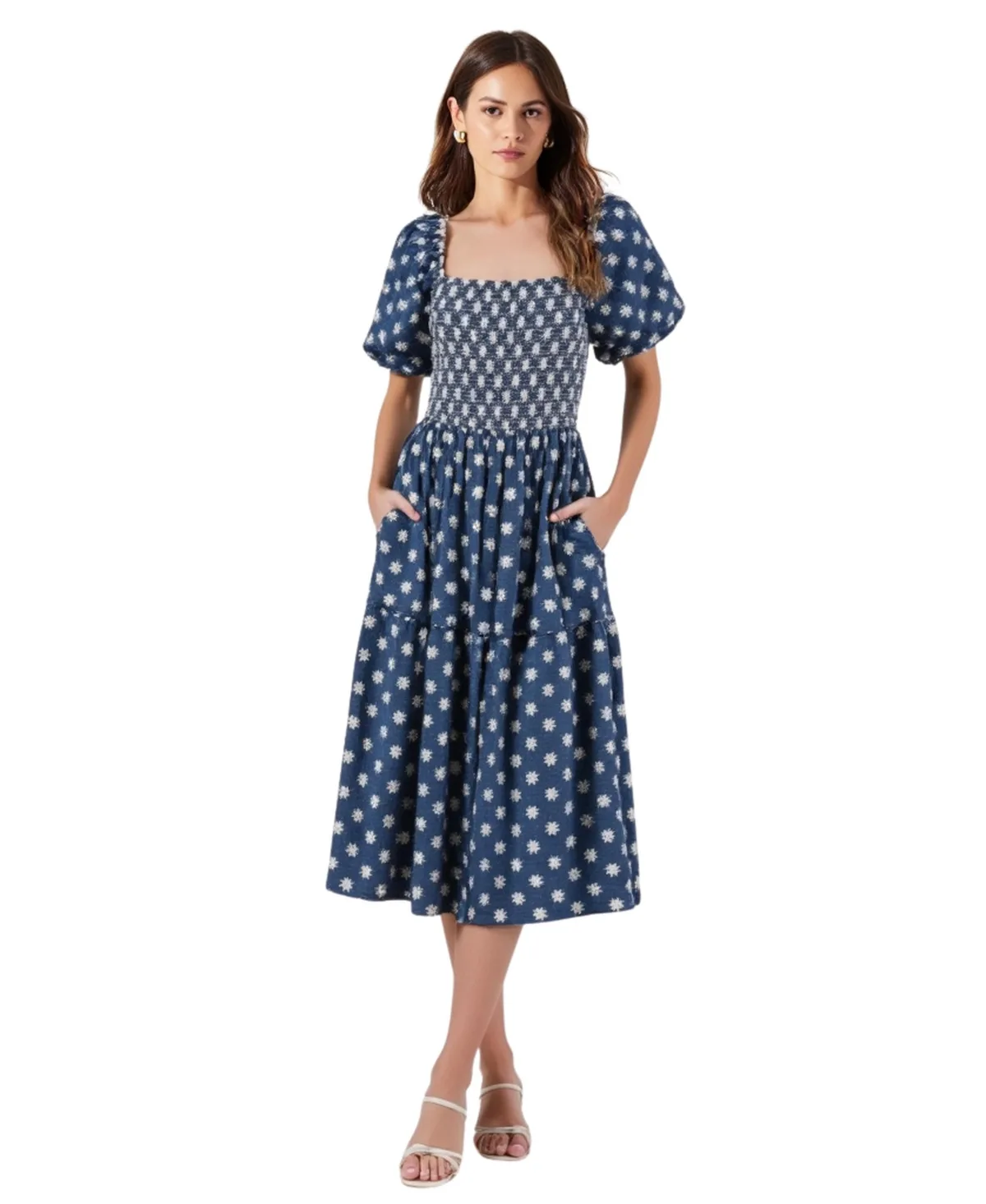 Smocked Puff-Sleeve Tiered Midi Dress with Pockets by Modenaire