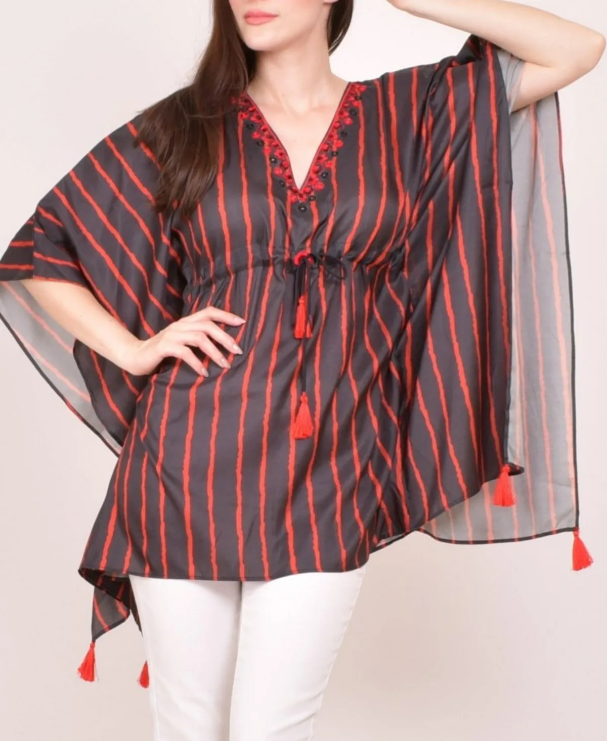 Stripe Floral Embroidered Boho Kaftan Top by Raas