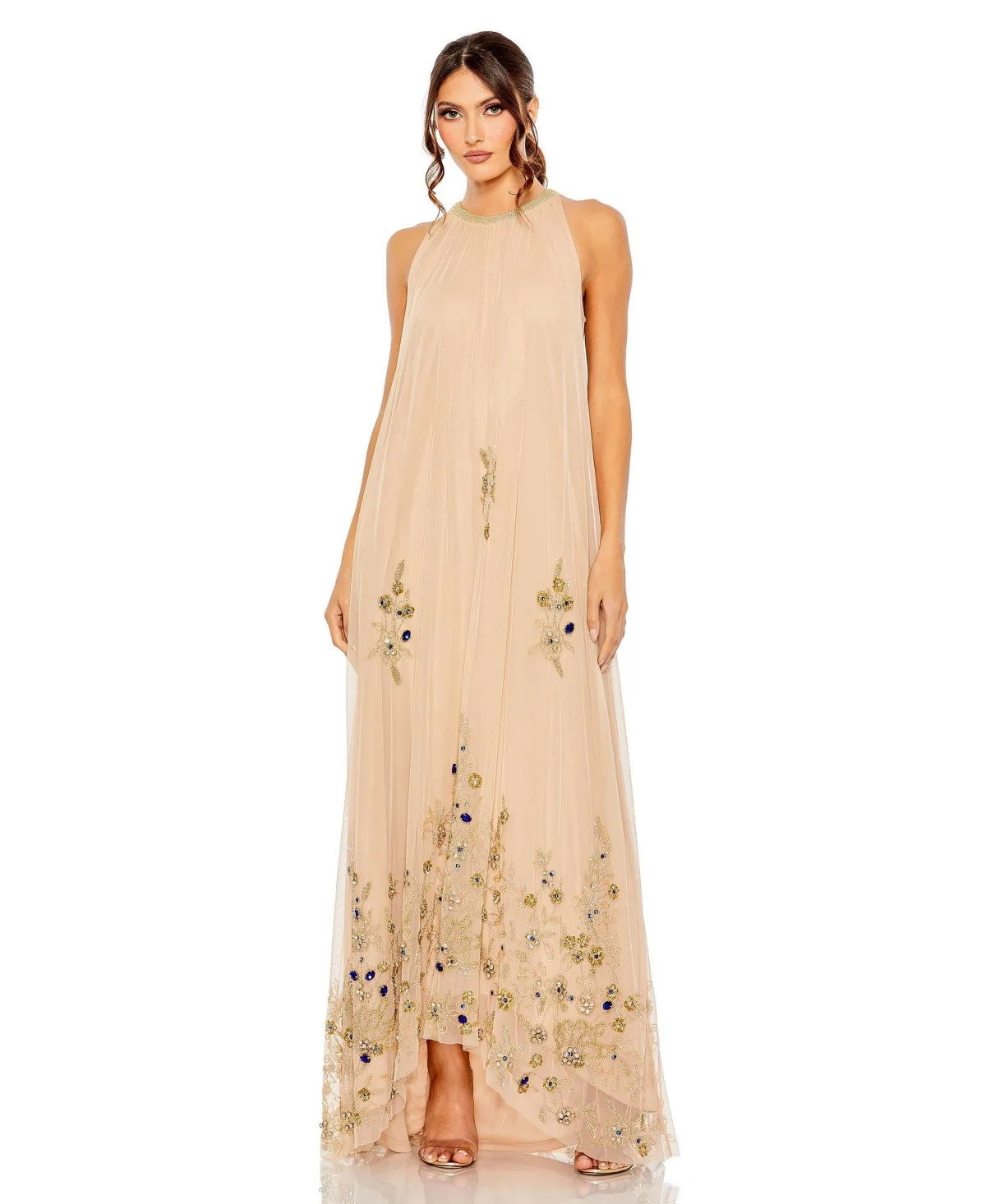 High Neck Floral Embellished Trapeze Gown