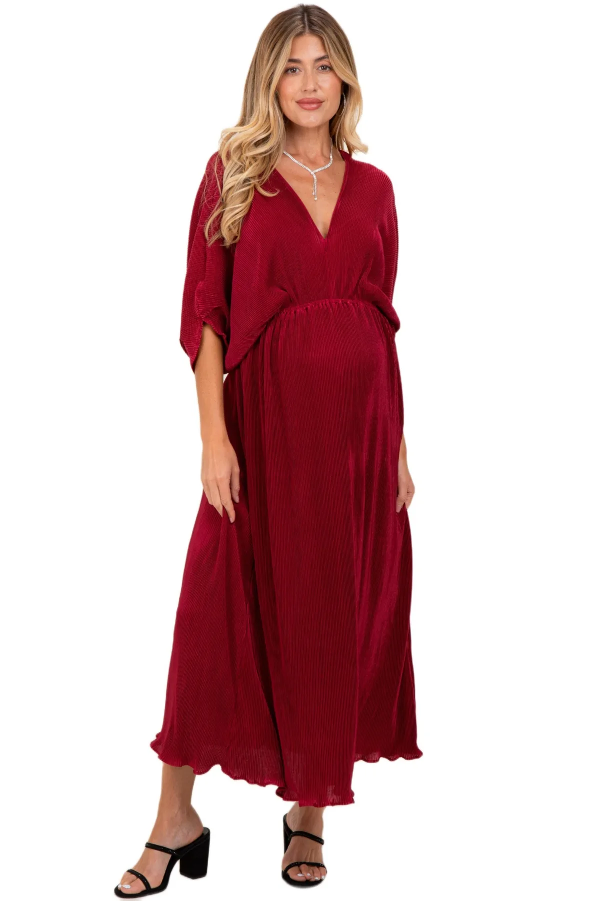 Pleated Satin Dolman Sleeve Maxi Dress by Pinkblush