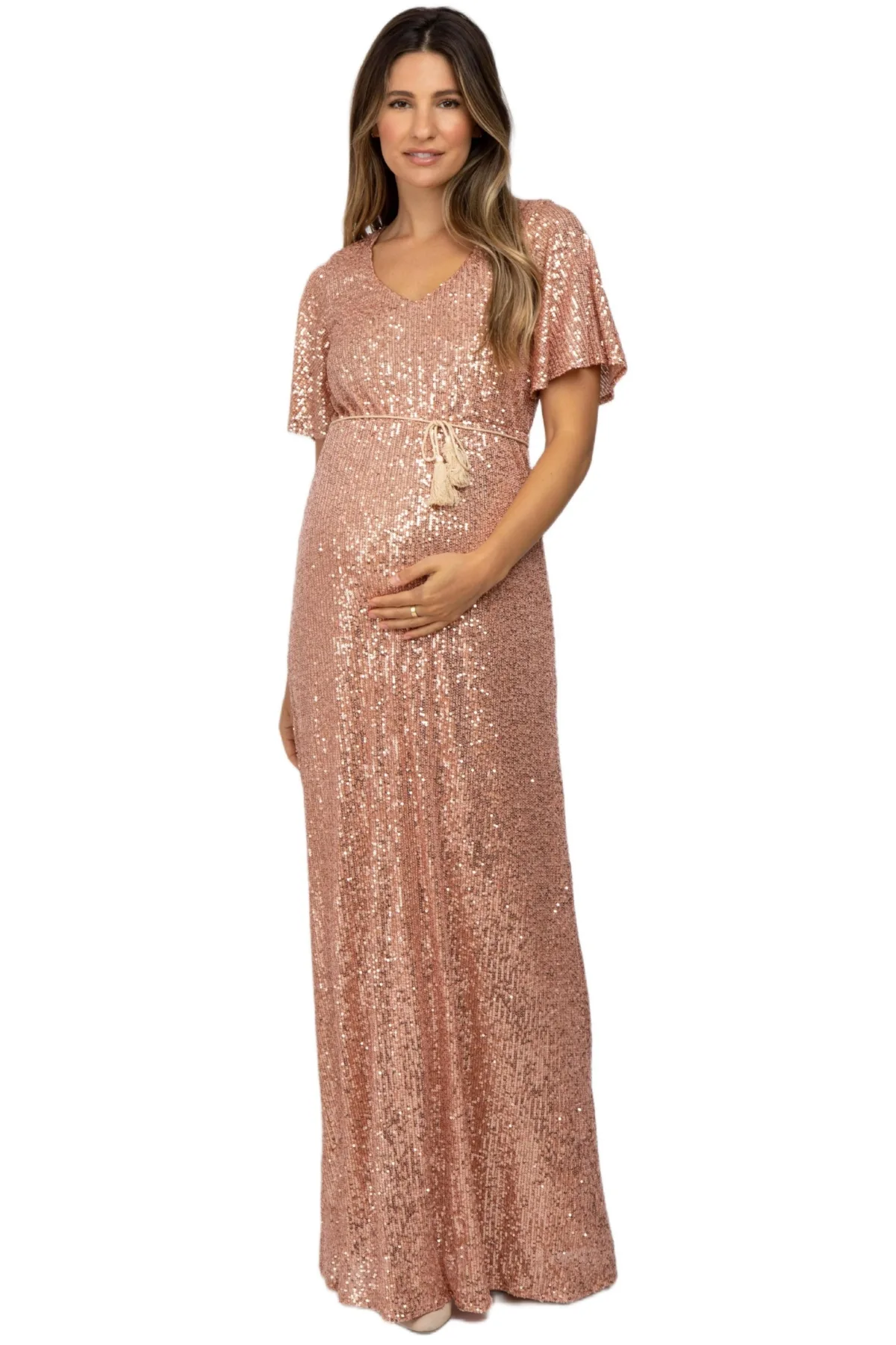 Sequin Short Sleeve Maxi Dress by Pinkblush