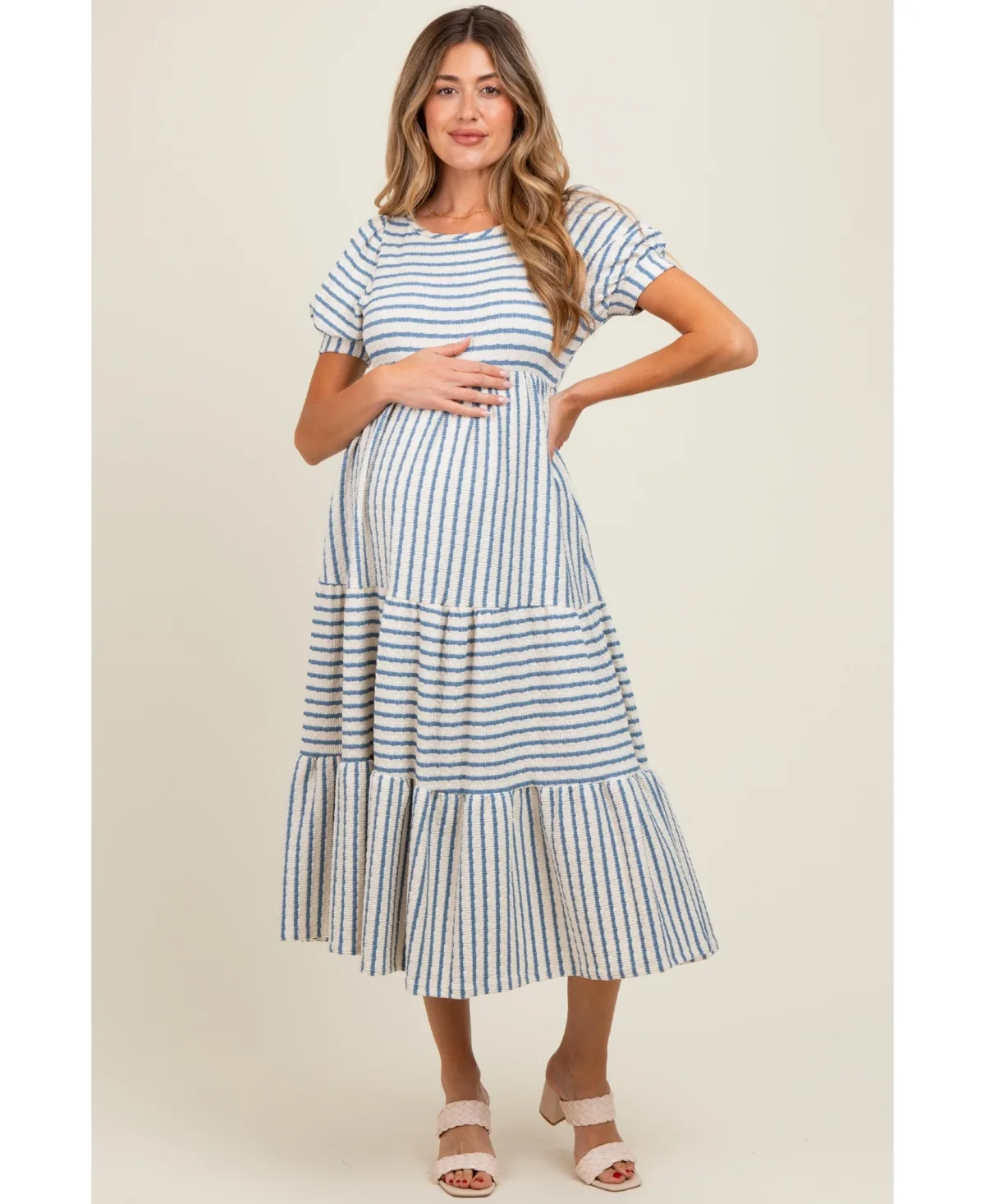 Striped Short Sleeve Tiered Maxi Dress by Pinkblush