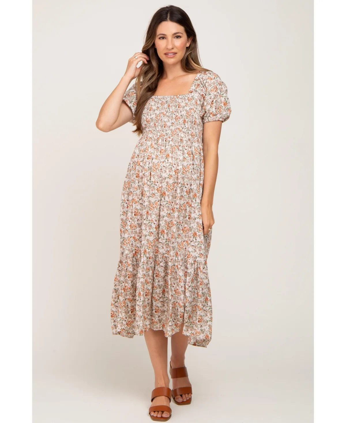 Floral Smocked Puff Sleeve Midi Dress by Pinkblush